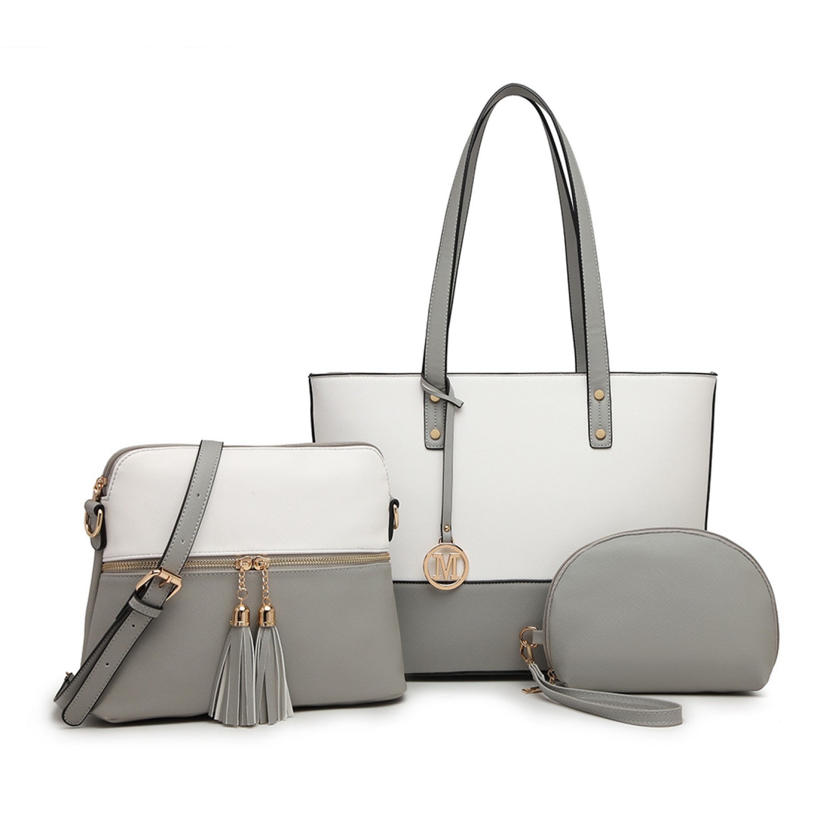 Miss Lulu Elegant 3-Piece Faux Leather Tote Bag Set Grey White